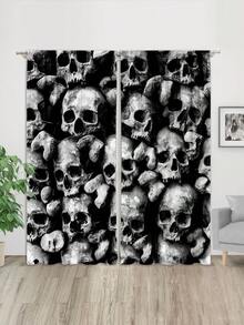 2 件裝堆疊骷髏印花窗簾帶桿家居萬聖節裝飾 - 彩色 - 查看 2