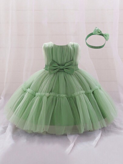 Baby Girl Solid Color Tulle Sleeveless Waist Bow Fluffy Skirt, Elegant Dress Suitable For Birthday Party