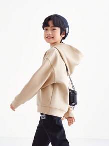 Annil 童装，男童连帽长袖卫衣，秋冬季青少年男童西式运动上衣 - 卡其色 - 查看 3