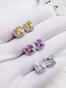 2 件裝經典方形耳環,帶 S925 銀針,黃色/白色/粉色方晶鋯石裝飾,適合日常佩戴 - 均碼 - 查看 1