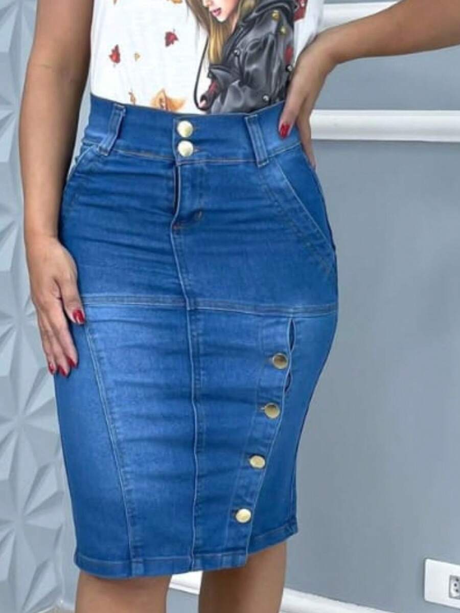 Women Denim Skirts - 中等水洗藍 - 查看 1