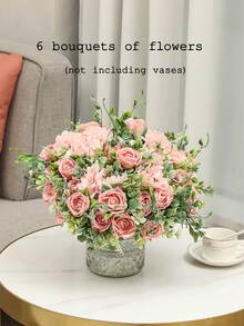 1 束 5 頭人造玫瑰花,家居裝飾絲綢玫瑰花束,婚禮手持花束和插花工藝品,人造玫瑰 - 粉色 - 查看 5