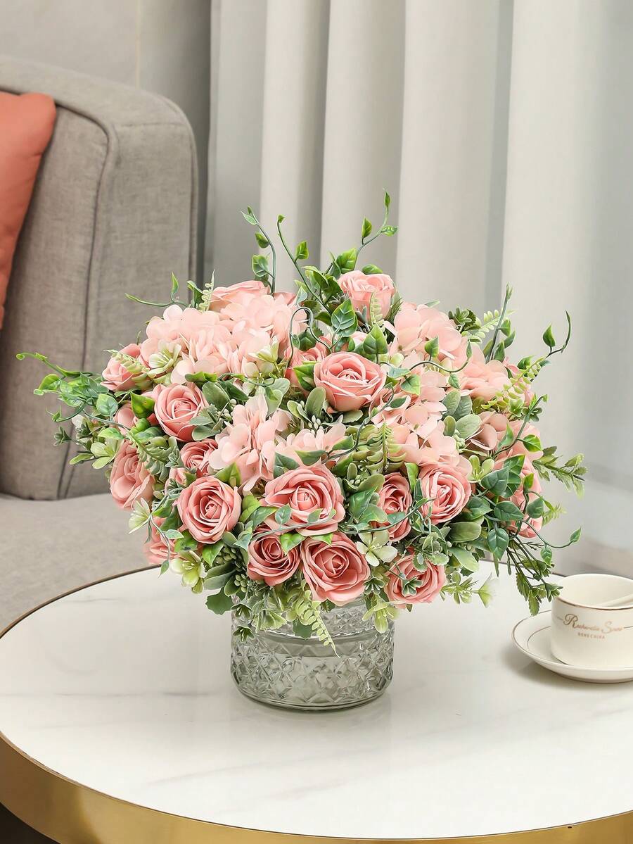 1 束 5 頭人造玫瑰花,家居裝飾絲綢玫瑰花束,婚禮手持花束和插花工藝品,人造玫瑰 - 粉色 - 查看 1