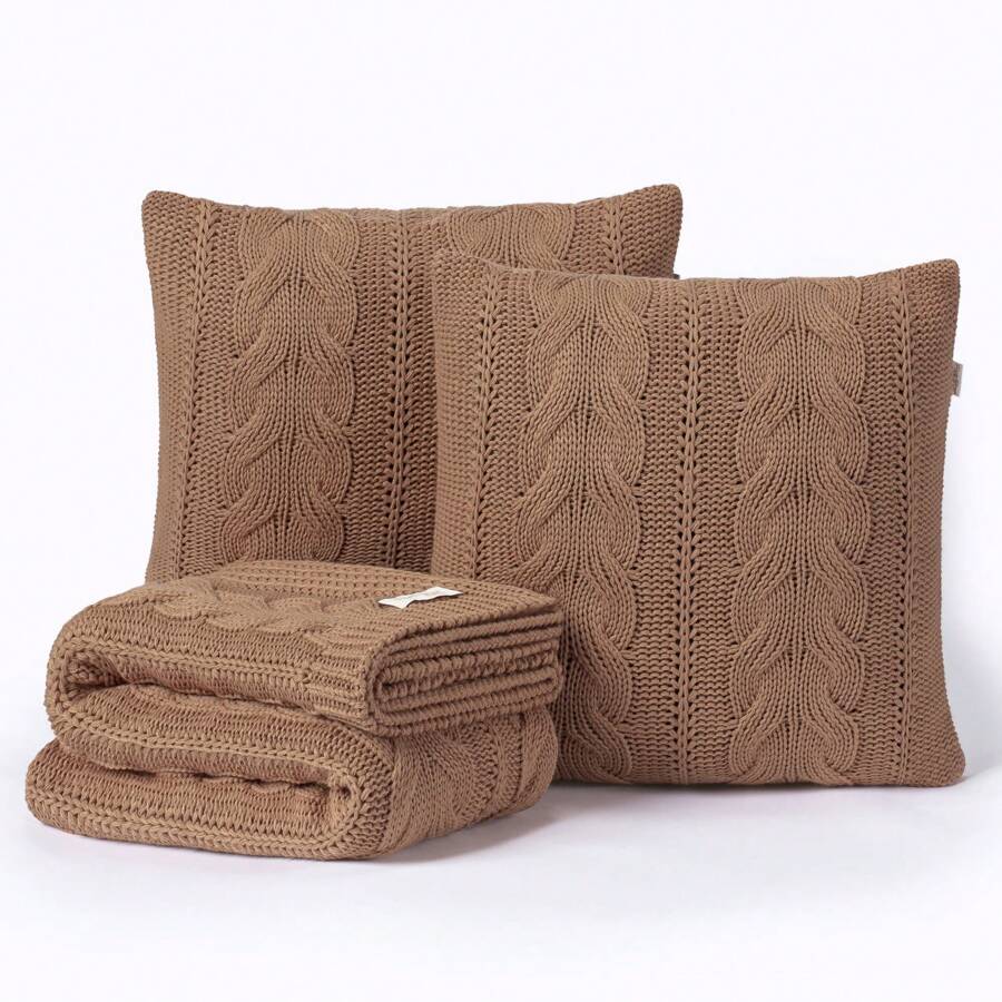 Kit Manta Peseira Sofá Sala Cama Solteiro Casal Queen King + 2 Capas de Almofadas Trança Trico Viena - Cobre - Visão 1