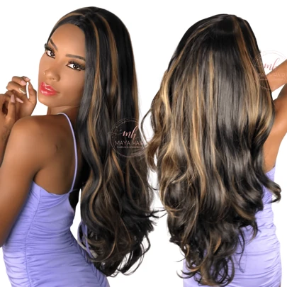 Peruca Lace Wig Sem Franja Ondulada 70cm Morena Iluminada Com Mechas Fibra Premium