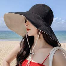 1pc Black Bucket Hat For Women, Spring/Summer With Extra Wide Brim, Korean Style, Double-Sided Sun Protection Hat For Face And Uv Blocking, Suitable For Spring And Autumn Seasons - Black - View 1