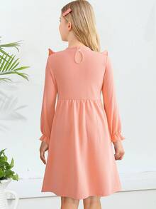 Chica preadolescente Vestido de manga campana fruncido manga larga - Rosa coral - Ver 2