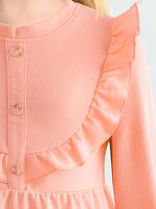 Chica preadolescente Vestido de manga campana fruncido manga larga - Rosa coral - Ver 4