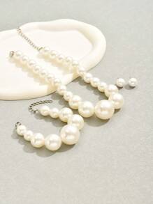 3入組大號人造珍珠休閒派對婚禮女士配件,包含項鍊,手鐲和耳環 - 白色 - 查看 4