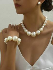 3入組大號人造珍珠休閒派對婚禮女士配件,包含項鍊,手鐲和耳環 - 白色 - 查看 2