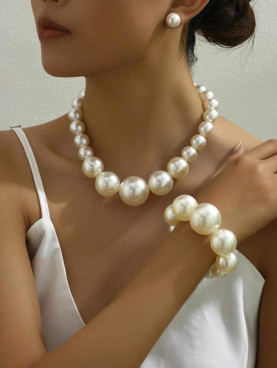 3入組大號人造珍珠休閒派對婚禮女士配件,包含項鍊,手鐲和耳環 - 白色 - 查看 1