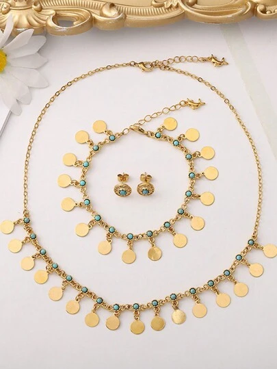 1set Elegant Gold-plated Copper Alloy Natural Stone Necklace, Bracelet, Earrings Set With Tassels, Suitable For Women
