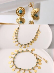 1套優雅的鍍金銅合金天然石項鍊、手鍊、耳環套裝,配有流蘇,適合女性 - 金黃色 - 查看 3