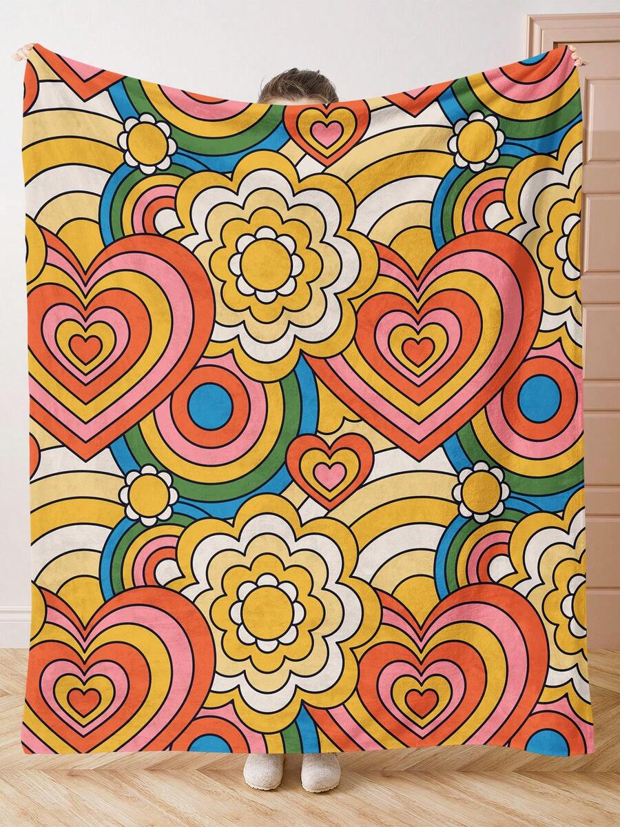 1入組復古 70 年代迷幻嬉皮花卉心形印花毛毯,柔軟溫暖的毛絨抱枕毯適用於家居裝飾、客廳、沙發、扶手椅和臥室 - 彩色 - 查看 1