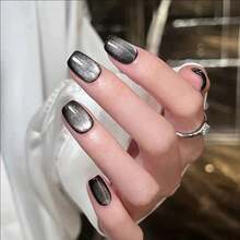 24入組黑貓眼指甲貼短方形人工指甲日常輕奢美甲 - 黑色 - 查看 1