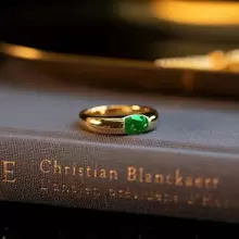 1pc 18k Gold Plated European & American Style Grandmother Green Glass Gemstone Ring With Glossy Surface For Women - Gold - View 5