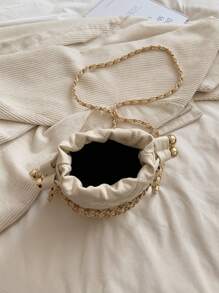 纯色优雅菱形迷你抽绳桶形PU通勤女士单肩斜挎包，配链条肩带 - 米色 - 查看 5