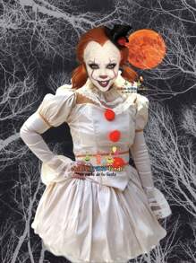 Disfraz eso it payasa  de terror, conjunto atuendo de fiesta para halloween, conjunto vestido  it para mujer  (tallla ajustable-expandible) - Beis - Ver 1
