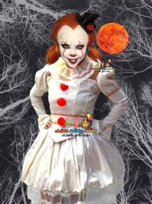Disfraz eso it payasa  de terror, conjunto atuendo de fiesta para halloween, conjunto vestido  it para mujer  (tallla ajustable-expandible) - Beis - Ver 2