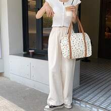 Cute Bear & Floral Patterned Mommy Bag With Stitching Detail, Large Capacity Tote Bag Can Be Carried By Hand Or Shoulder - White - View 5