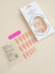 24pcs Long Almond Flower Print Fake Nail & 1pc Nail File & 1sheet Tape - White - View 2