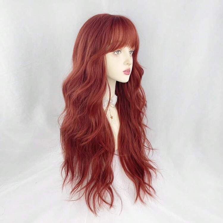 Perruque longue, ondulée et naturelle en rouge pour femmes avec frange, perruque synthétique résistante à la chaleur pour usage quotidien et fête - Rouge - Voir 4