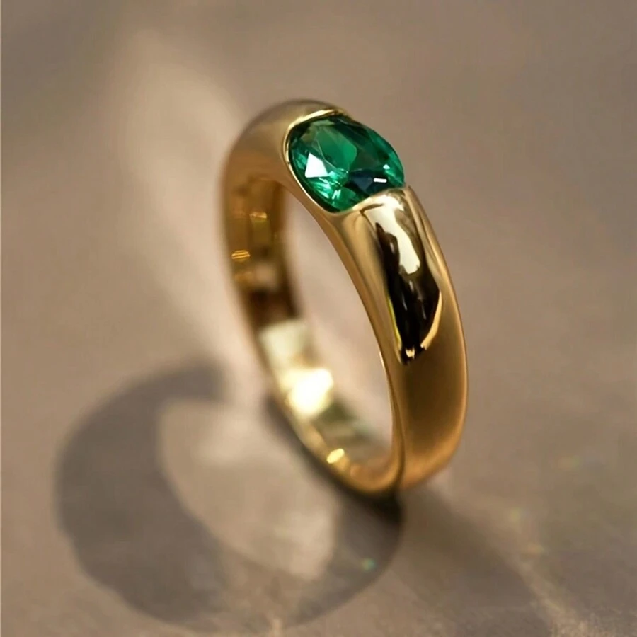 1pc 18k Gold Plated European & American Style Grandmother Green Glass Gemstone Ring With Glossy Surface For Women - Gold - View 1
