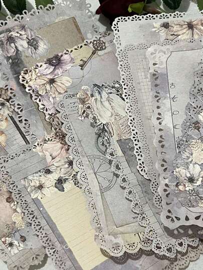 10入組 复古花卉&月亮設計空心花邊和空心裝飾,可寫厚材質紙,用於手帳和剪裁 Diy 材料