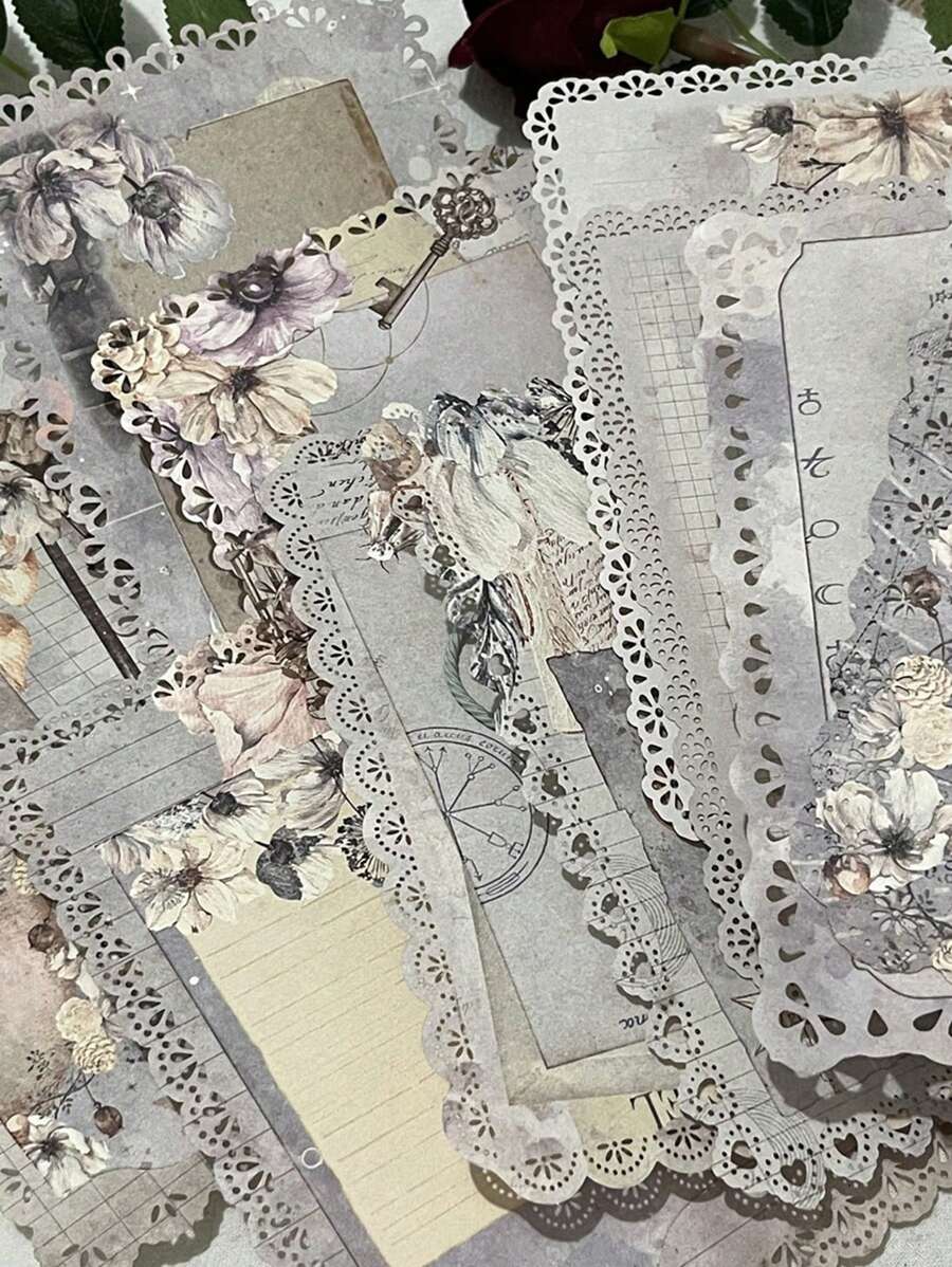 10入組 复古花卉&月亮設計空心花邊和空心裝飾,可寫厚材質紙,用於手帳和剪裁 Diy 材料 - 彩色 - 查看 1