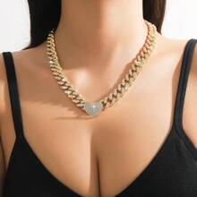 1pc Fully Rhinestone Decor Heart Shaped Pendant Necklace For Women, Perfect For Dating Gift - Yellow Gold - View 9