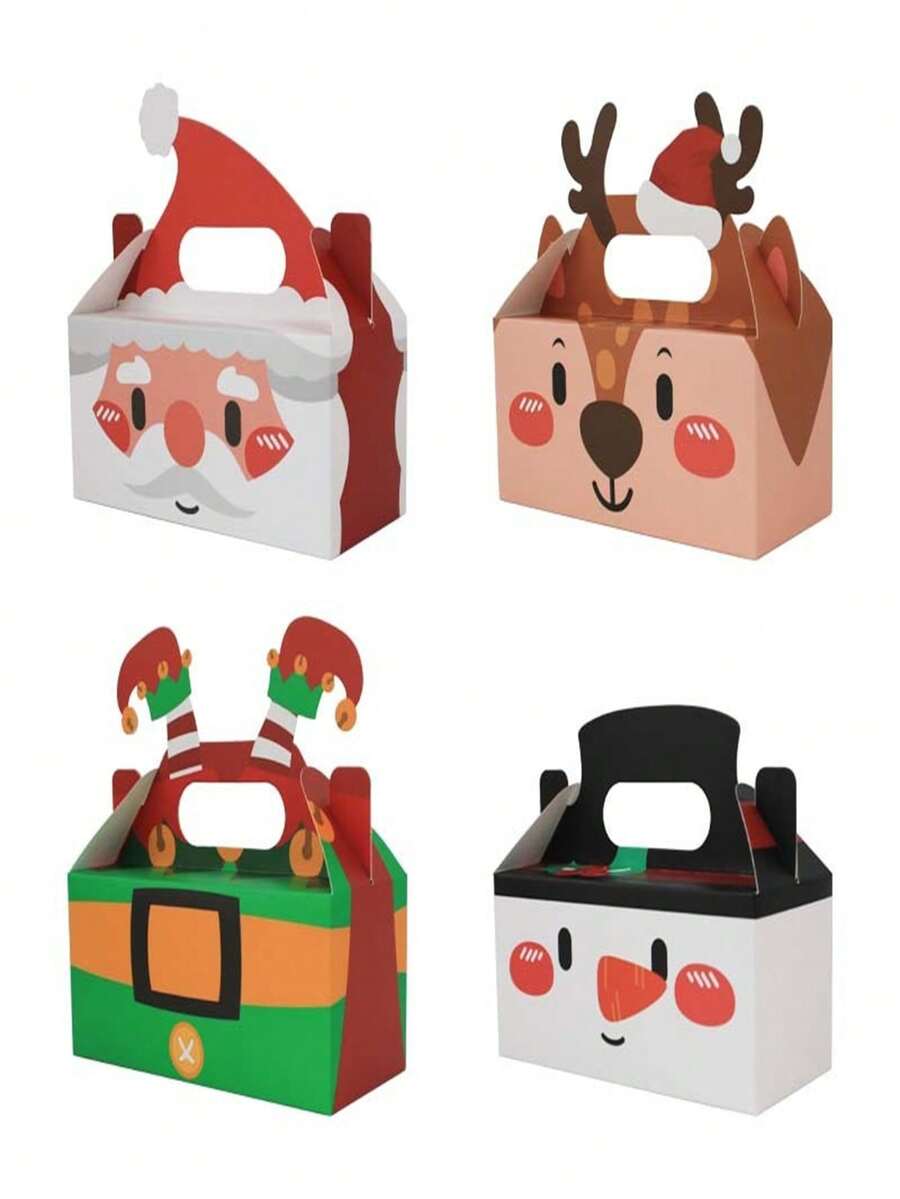 4pcs Christmas Series Gift Boxes With Santa, Clown Hat, Reindeer, Snowman Figures, Square Shaped Hand-held Gift Box - Multicolor - View 1