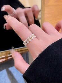 1 chiếc nhẫn đàn hồi ngọc trai đơn giản dành cho phụ nữ, sang trọng nhẹ nhàng, cổ điển, cảm giác cao cấp, nhẫn ngón trỏ, thanh lịch, nhẫn cổ điển phổ biến - trắng - Xem 3