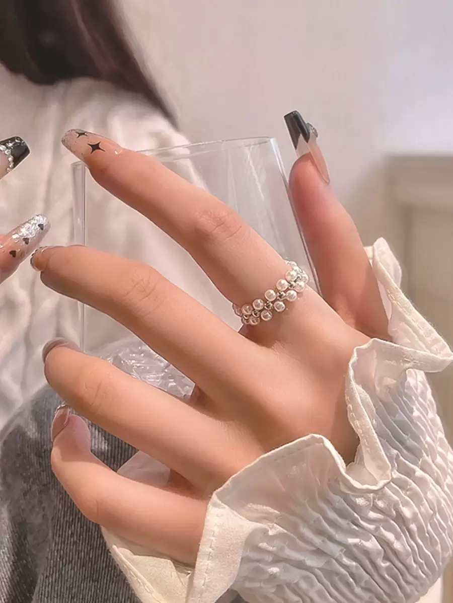 1 chiếc nhẫn đàn hồi ngọc trai đơn giản dành cho phụ nữ, sang trọng nhẹ nhàng, cổ điển, cảm giác cao cấp, nhẫn ngón trỏ, thanh lịch, nhẫn cổ điển phổ biến - trắng - Xem 1