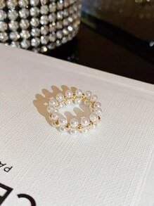 1 chiếc nhẫn đàn hồi ngọc trai đơn giản dành cho phụ nữ, sang trọng nhẹ nhàng, cổ điển, cảm giác cao cấp, nhẫn ngón trỏ, thanh lịch, nhẫn cổ điển phổ biến - trắng - Xem 4