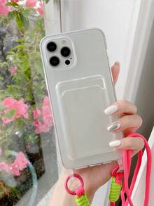 1入組透明尾巴雙掛耳熱粉色交叉身體繩卡槽防震手機殼,適用於 Iphone 11/12/13/14 Pro Max - 無色 - 查看 2