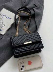 1個時尚v形印花翻蓋肩背包 - 黑色 - 查看 3