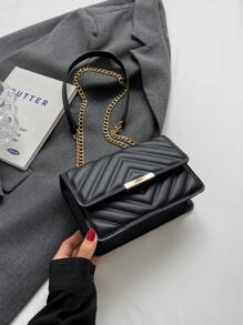 1個時尚v形印花翻蓋肩背包 - 黑色 - 查看 2