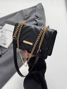 1個時尚v形印花翻蓋肩背包 - 黑色 - 查看 5