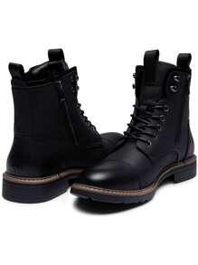 SHOESMALL Men's Fashion Waterproof Motorcycle Black Boots Zipper Casual Boots Chukka PU Leather Black Boots - BMY8038-黑色 - 查看 6