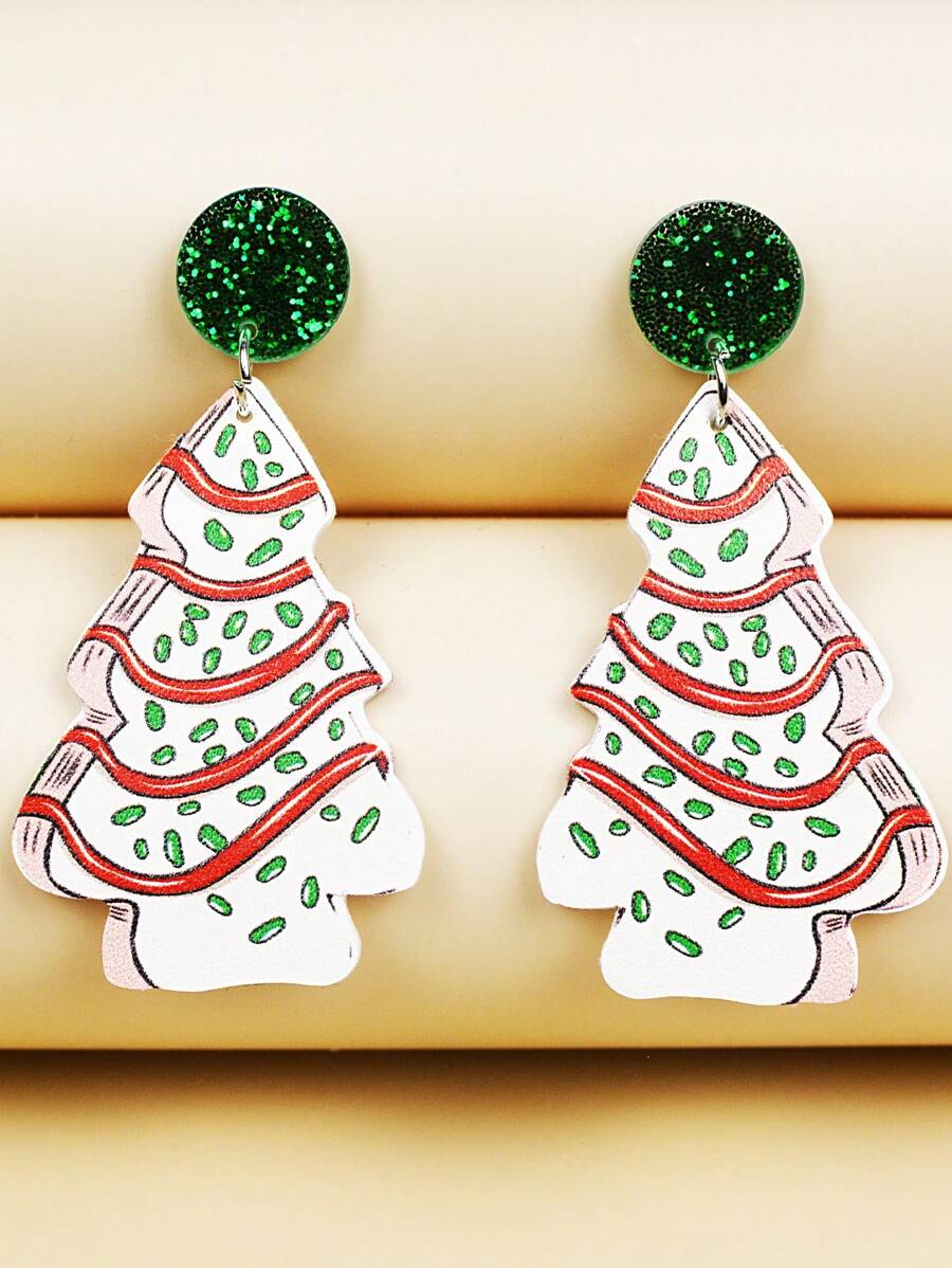 1 對聖誕樹和甜蛋糕圖案 Pu 皮革輕質雙面印花女式耳環 - 彩色 - 查看 1