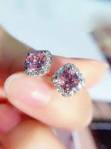 2 件裝經典方形耳環,帶 S925 銀針,黃色/白色/粉色方晶鋯石裝飾,適合日常佩戴 - 均碼 - 查看 2