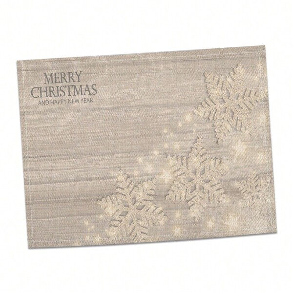 1pc Christmas Gray Wood Grain Snowflake & Letter Printed Linen Placemat