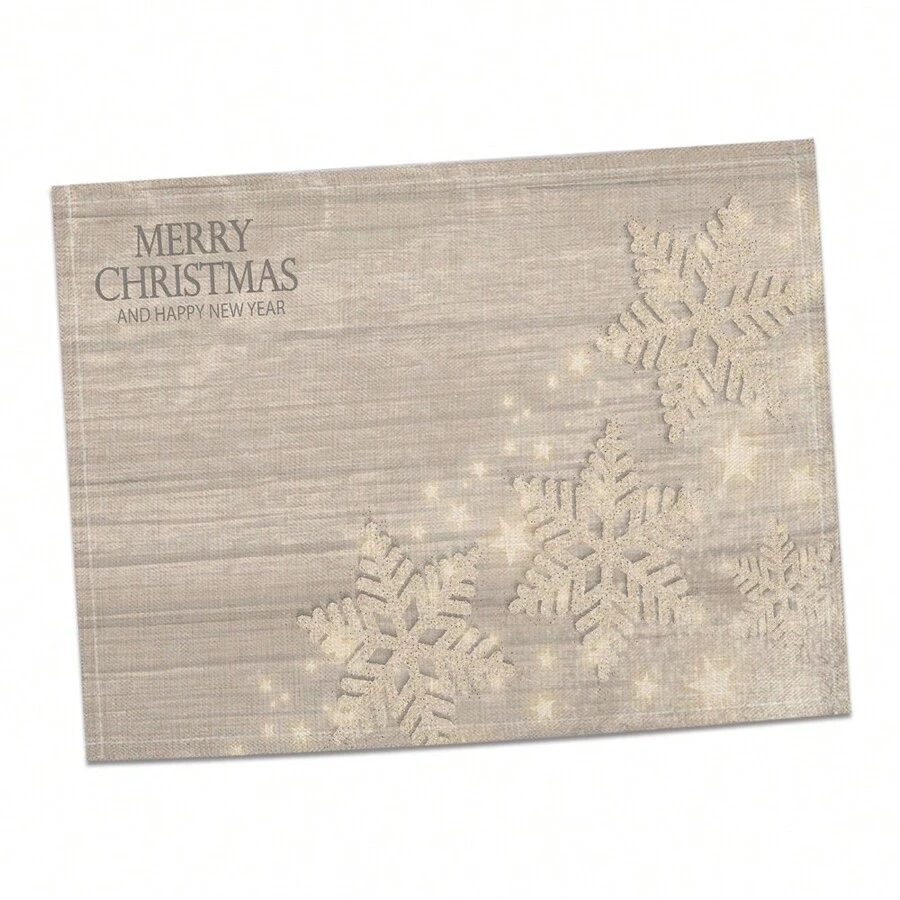 1pc Christmas Gray Wood Grain Snowflake & Letter Printed Linen Placemat - Wood grain snowflake-1pc - View 1