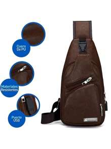 Mochila Cruzada con Puerto USB para Hombre Impermeable, - Café integral - Ver 3