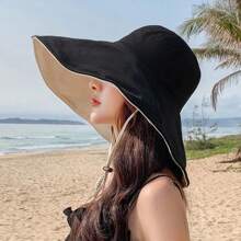 1pc Black Bucket Hat For Women, Spring/Summer With Extra Wide Brim, Korean Style, Double-Sided Sun Protection Hat For Face And Uv Blocking, Suitable For Spring And Autumn Seasons - Black - View 2