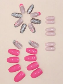 升級您的指甲造型24入組中短款足尖形/短款錐形/Flash法式明亮粉紅單色假指甲，配有一個指甲文件和一個果凍膠壓式假指甲，指甲用品