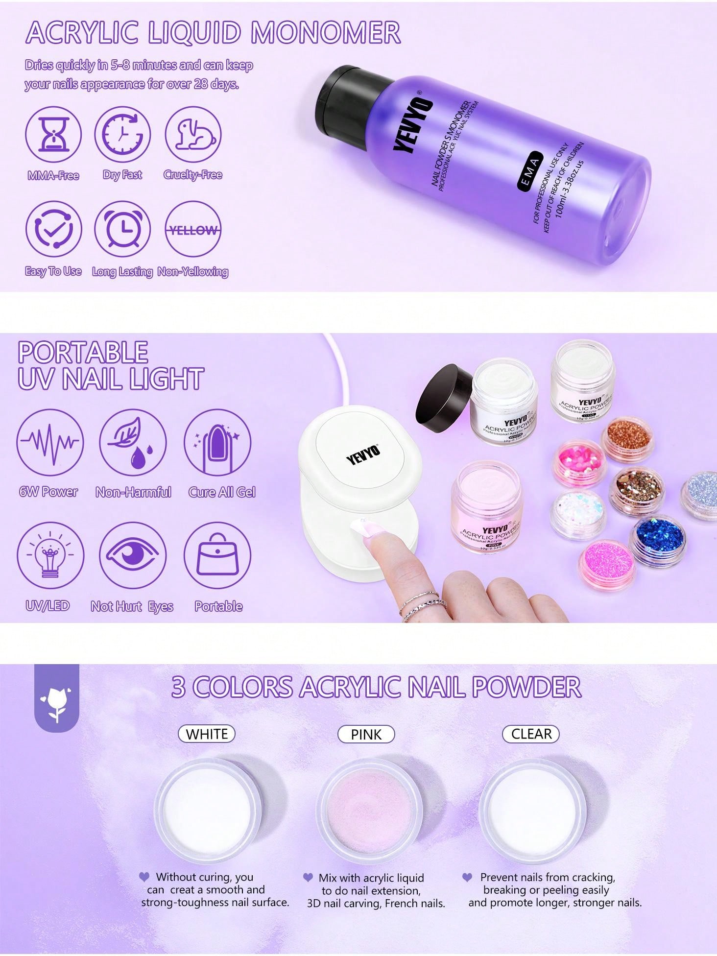 YEVYO Acrylic Nail Kit With Everything with U V Lamp For Beginners