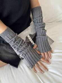 1pair Women's Knitted Vertical Stripe Design Arm Warmer, Suitable For Autumn And Winter, Simple And Fashionable, Can Be Worn With Everyday Outfits To Keep Warm - Dark Grey - View 3