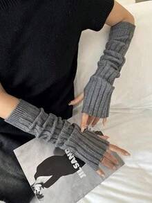 1pair Women's Knitted Vertical Stripe Design Arm Warmer, Suitable For Autumn And Winter, Simple And Fashionable, Can Be Worn With Everyday Outfits To Keep Warm - Dark Grey - View 4