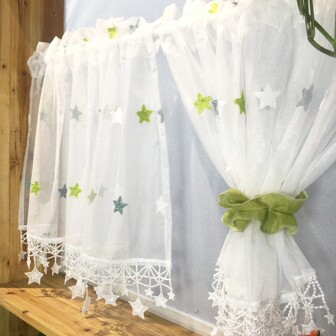 1 pieza dulce verde con bordado de estrella transparente Cortina corta , medio Cortina , café Cortina , Cortina de puerta